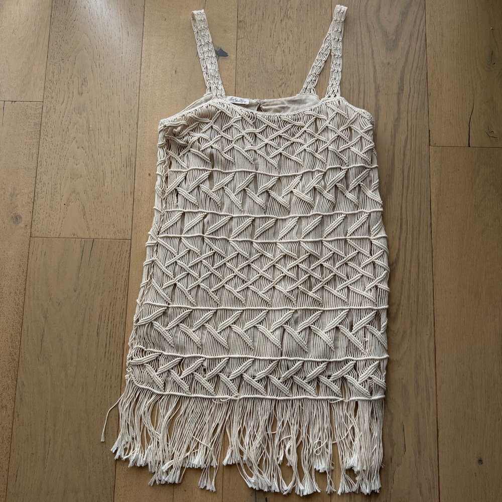 LoveShackFancy Cream Macramé Fringe Slip Dress - we never got to wear